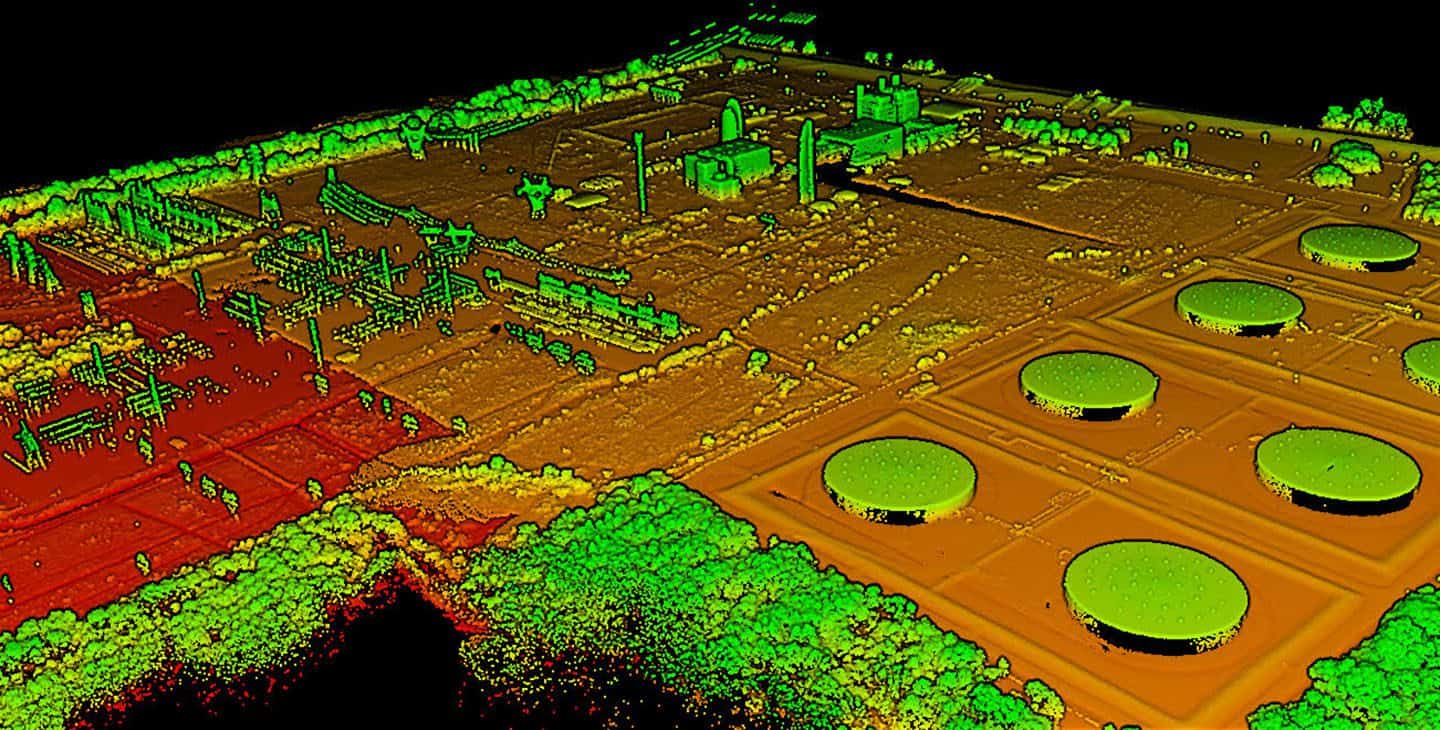 LiDAR point cloud of an industrial tank farm facility